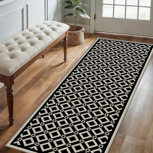 Moroccan Trellis Bedroom Area Carpets, 2.6x10ft, Modern Checkered Washable Hallway Runner Rugs, with Non Slip Backing Durable Cozy Low Pile Rug for Kitchen Bath Room Laundryroom