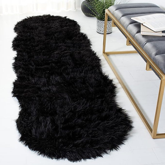 SAFAVIEH Faux Sheep Skin Collection Runner Rug - 2'6" x 8', Black, Silken Glam Design, Non-Shedding & Easy Care, 2.35-inch Thick Ideal for High Traffic Areas in Living Room, Bedroom (FSS115B)