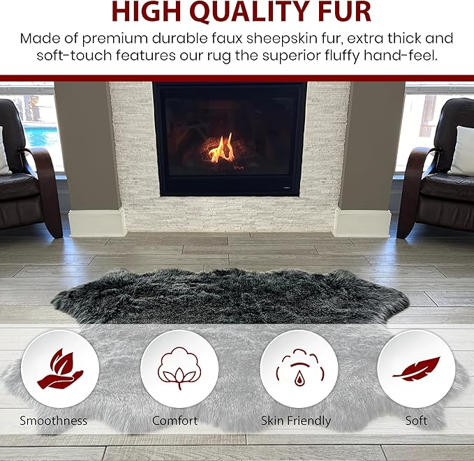 Free Shape Luxury Soft Fluffy Shag Area Rug Octo 8 Pelts 6'x8',180x240 cm - Vegan Fur Ultra Soft Indoor Carpet Nursery Rugs for Bedroom Home Decor, Black with White Tips
