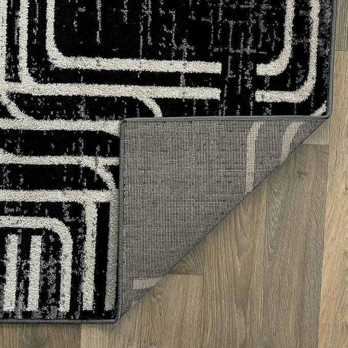 Rugshop Black and White Geometric Area Rug – Abstract Curved Line and Square Pattern Carpet for Living Room, Bedroom, or Office – Contemporary Soft Floor Décor 5' x 7' Black