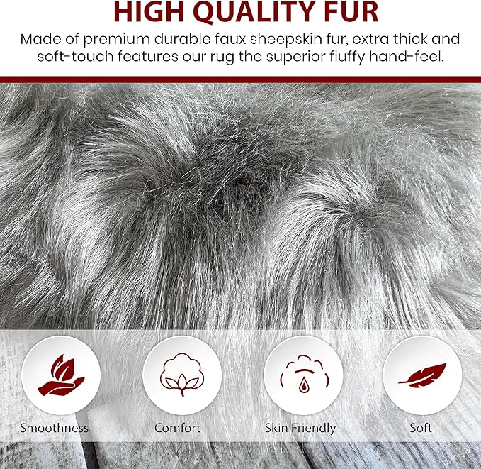 LAMBZY Faux Sheepskin Super Soft Hypoallergenic Silky Shag Rug for Living Room, Kids Room, Sofa (Quarto 4 Pelts 4'x6', Grey)