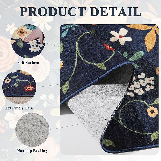 DUKINO Floral Round Rug, 6ft Washable Circle Rug, Non Slip Indoor Low Pile Circle Rug, Soft Small Boho Design Carpet for Bedroom, Entryway, Living Room, Dining Room, Dark Blue