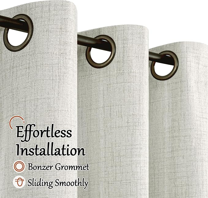 Lajode 100% Blackout Curtains for Living Room 84 Inch Length 2 Panels Set, Thermal Insulated Light Blocking Boho Faux Linen Window Curtains for Bedroom, Bronze Grommet, Each 52" Wide, Light Grey