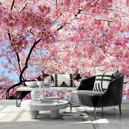 AFZEVEB-Pink Flower Wallpaper Natural Landscape Floral Wall Mural for Bedroom 114"x74"(Not Peel and Stick)