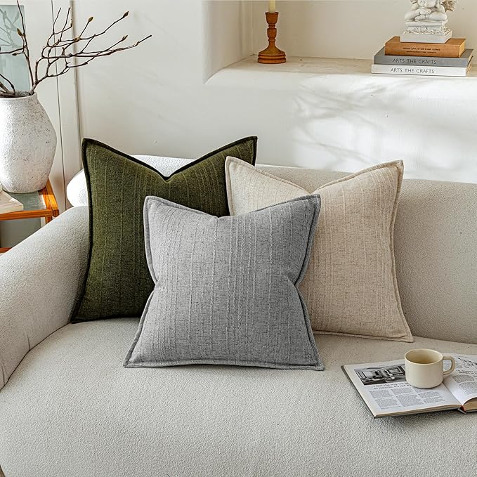 a moment Linen Pillow Covers Set of 2,Boho Farmhouse Throw Pillowcases Neutral Textured Decorative Covers for Couch Sofa,Soft Linen Blend Accent Case Cushion Living Room Home Decor 24"x24"Sky Gray