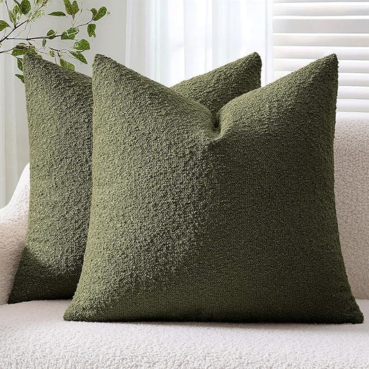ANRODUO Pack of 2 Textured Boucle Throw Pillow Covers Soft Moss Green Decorative Accent Solid Pillow Cases Cozy Modern Couch Cushion Case for Sofa Bedroom Living Room Spring Home Decor, 20 x 20 Inch