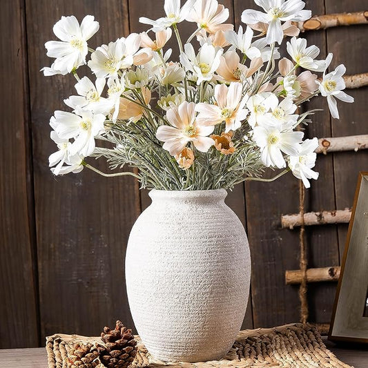 8 Inch White Ceramic Vase - Rustic Vintage Decorative Vase for Home - Farmhouse Pottery Vase for Flowers - Christmas Vase - Modern Vintage Dining Table Centerpiece ， Lyeec Vases Set