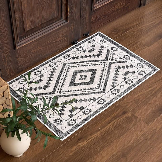 Moroccan Washable Entryway Rug 2x3, Geometric Decorative Woven Area Rug, Non-Slip Boho Accent Soft Low-Pile Indoor Door Mat, Small Throw Rug for Bedroom Front Porch, Black and White