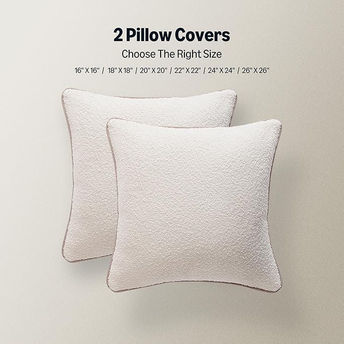 Amazon Basics Boucle Throw Pillow Covers for Couch, Living Room, Home Decor with Hidden Zipper, White, 22×22in, Pack of 2