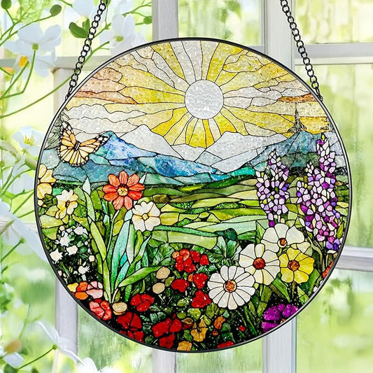 8 Inch Mountain Wildflowers Stained Glass Suncatcher, Suncatchers for Windows Hanging, Window Decor, Grandma Mom Gift for Her, Mother's Day Christmas Birthday
