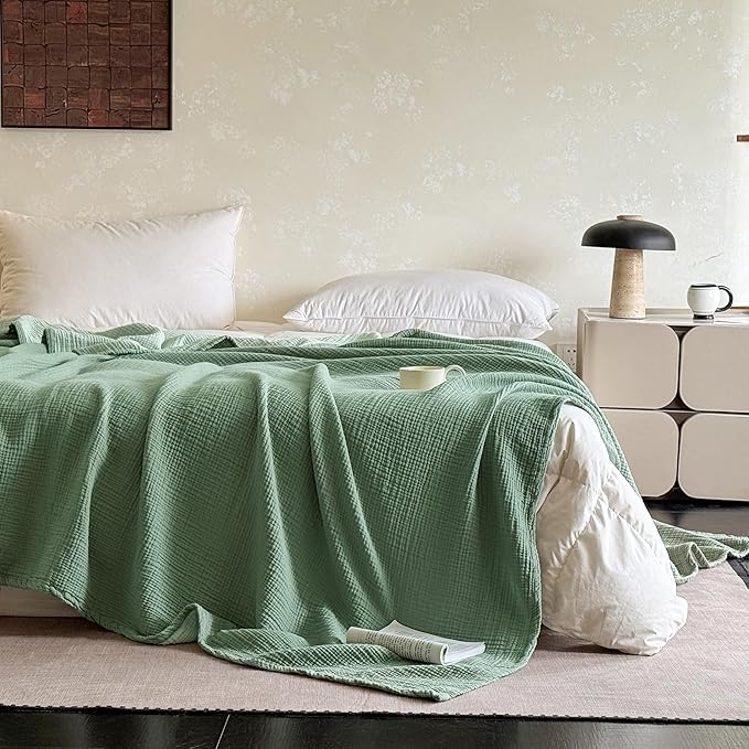 FALUCA Cotton Muslin Reversible Blanket Queen Size for Bed, Couch, Four Layers Blanket, Soft Lightweight Cozy Breathable Farmhouse Decoration for All-Season, Light Green