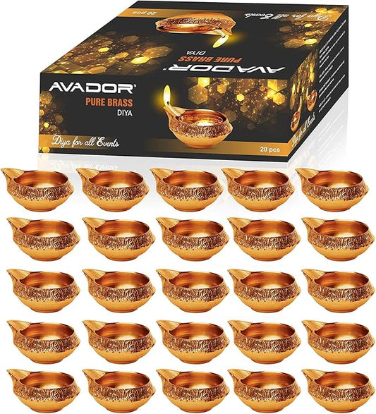 AVADOR Handmade Brass Indian Puja Oil Lamp, Golden Diya Lamp Engraved Design Diya for Diwali Pooja 2.5 Inch (20)