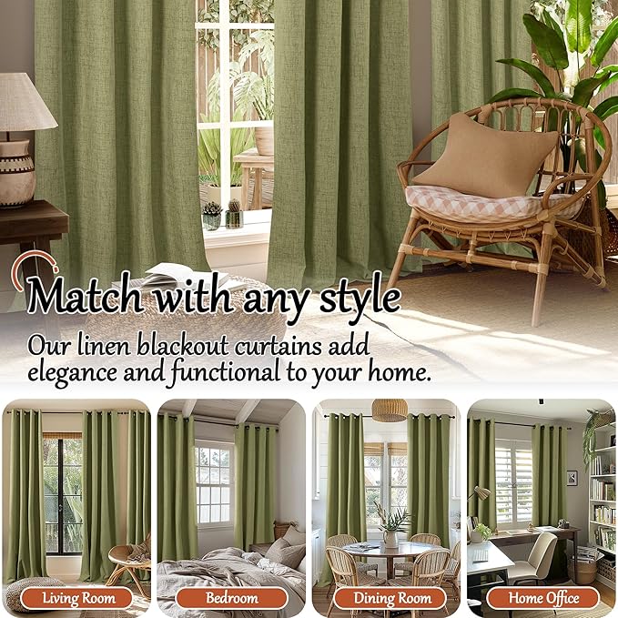Lajode Olive Green Linen Blackout Curtains - 84 Inch Long Total Black Out Curtains for Bedroom Living Room, Thermal Insulated Room Darkening Light Blocking Faux Linen Curtains Each 52x84 Inch 2 Panels