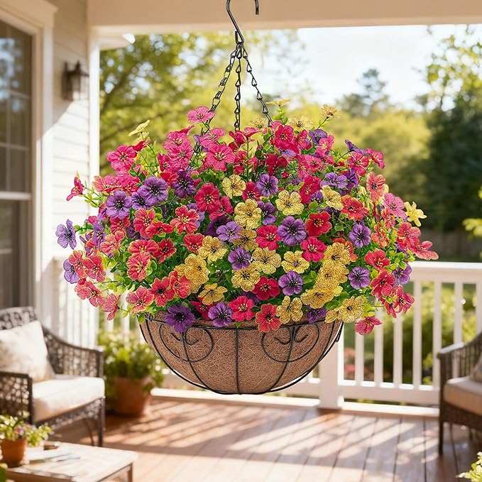 Artificial Faux Hanging Flowers Plants Basket for Outdoors Outside Spring Summer Decoration,Hanging Planters with Silk Fake Flowers Realistic UV Resistant Balcony Porch Garden Patio Home(4 Multicolor)