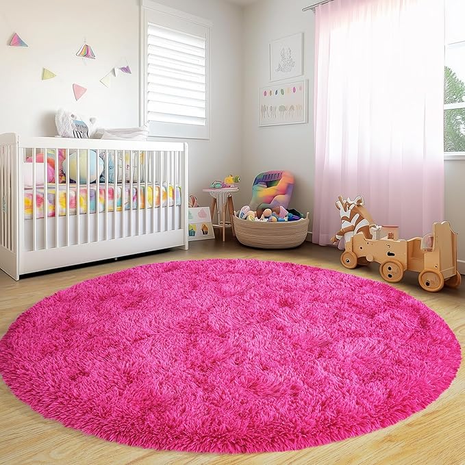 Round Fluffy Rugs 5Ft for Girls Bedroom, Hot Pink Shag Circle Kids Rug Non-Slip for Bedside Dorm Nursery Playroom, Soft Cute Area Rugs for Living Room Decor