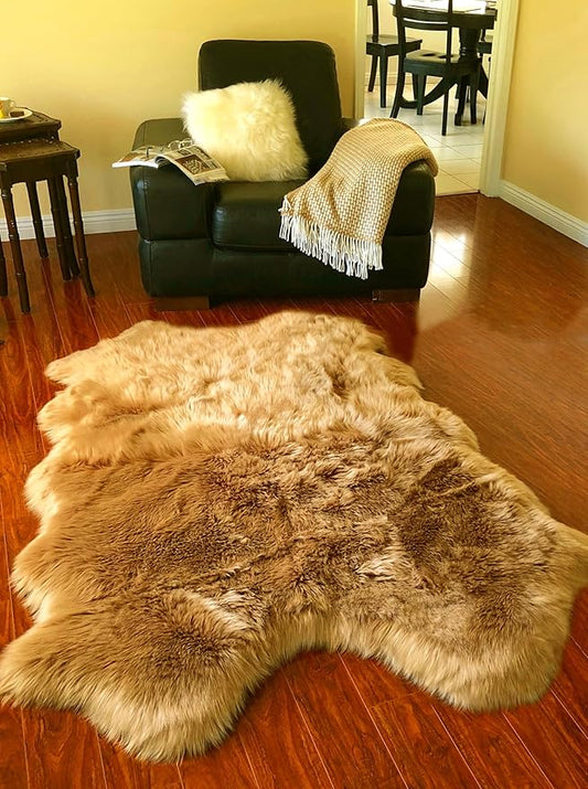 Free Shape Luxury Soft Fluffy Shag Area Rug Single Quarto 4 Pelts 4'x6',120x180 cm - Vegan Fur Ultra Soft Indoor Carpet Nursery Rugs for Bedroom Home Decor, Camel