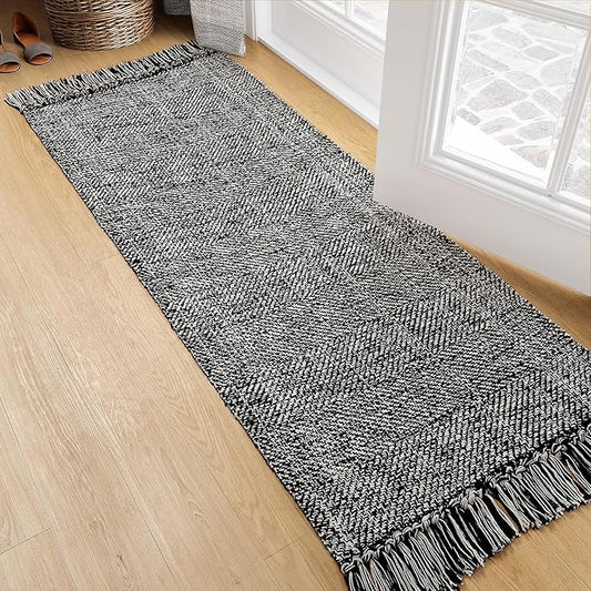 Collive Hallway Runner Rug, 2' x 5' Soft Washable Kitchen Runner Rug, Black Contemporary Modern Laundry Room Rugs Indoor Hand-Woven Cotton Carpet for Bedroom Entryway Front Door Farmhouse
