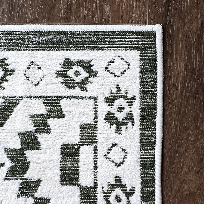 Moroccan Washable Area Rug 4x6, Geometric Decorative Woven Rug Low Pile, Non-Slip Boho Accent Farmhouse Indoor Floor Carpet for Bedroom Laundry Living Room Dining Table, Olive Green/White