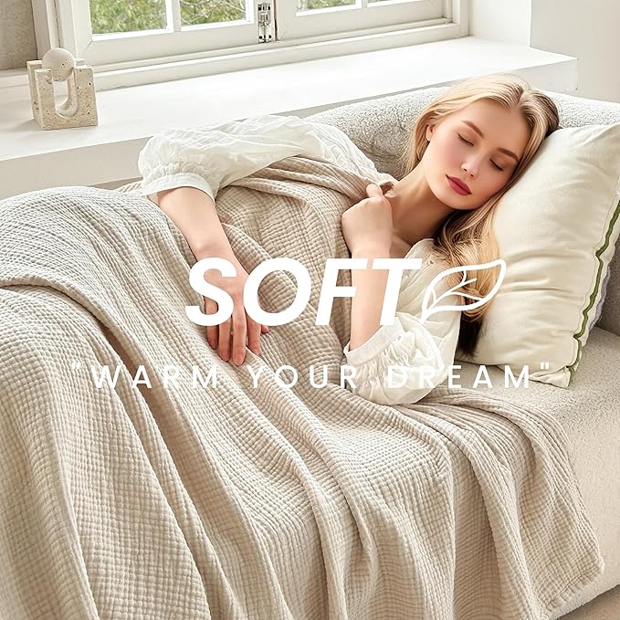 FALUCA Cotton Muslin Reversible Blanket King Size for Bed, Couch, Four Layers Blanket, Soft Lightweight Cozy Breathable Farmhouse Decoration for All-Season, Khaki