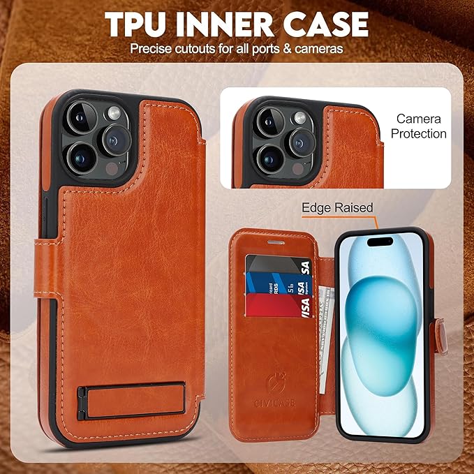 CIVICASE for iPhone 15 Pro Max Wallet Case with Stand,PU Leather Flip Credit Card Holder Slots (RFID Blocking),Compatible with Magsafe Magnetic Holder Phone Cover Women Men,Brown