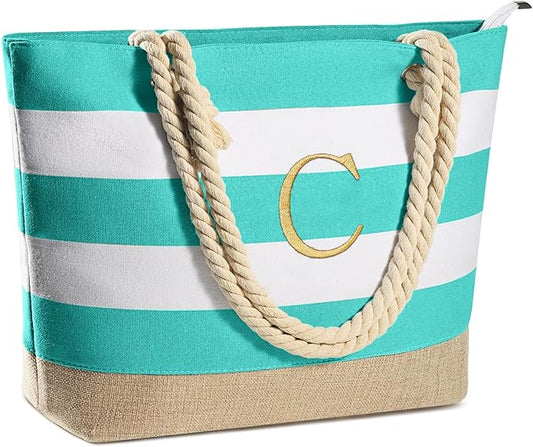 YOOLIFE Initial Canvas Waterproof Beach Tote Bag Zipper Personalized Gifts for Women Her Birthday Travel Beach Essential