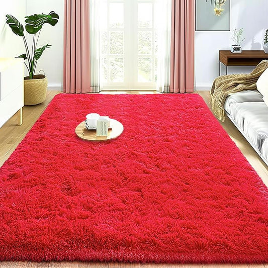 Super Fluffy Rug for Bedroom, 4x6 Shag Fuzzy Area Rug for Living Room Bedroom, Plush Soft Carpet for Girls Boys Kids, Non Slip Throw Rugs for Dorm, Modern Home Decor Aesthetic, Red