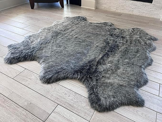 Free Shape Luxury Soft Fluffy Shag Area Rug Sexto 6 Pelts 6'x6',180x180 cm - Vegan Fur Ultra Soft Indoor Carpet Nursery Rugs for Bedroom Home Decor, Black with White Tips