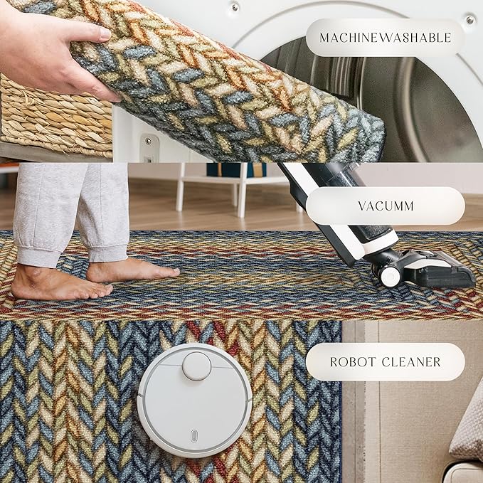 Maples Rugs Marion Bohemian Braided Design Print Area Rug – Made in USA – Washable, Non Slip Indoor Carpet for Entryway, Foyer, Kitchen, and Bathroom, 46" x 30", Multi-Color
