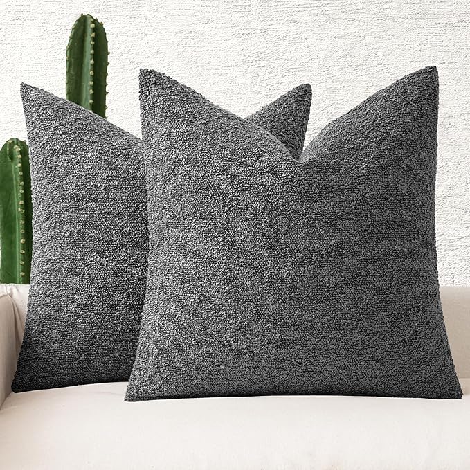 MIULEE 24x24 Decorative Euro Sham Throw Pillows for Bed Set of 2 Textured Boucle Neutral Winter Throw Pillow Covers Dark Gray Accent Solid Couch Pillowcases Sofa Livingroom Home Decor