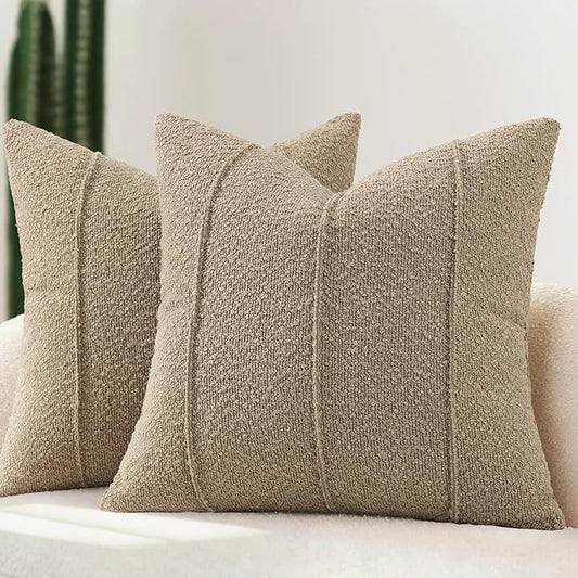 YCOLL Textured Boucle Throw Pillow Covers 18x18 Pack of 2 - Soft Neutral Striped Cushion Covers, Cozy Accent Decorative Pillow Covers for Couch, Sofa, Bed, Living Room (Taupe)