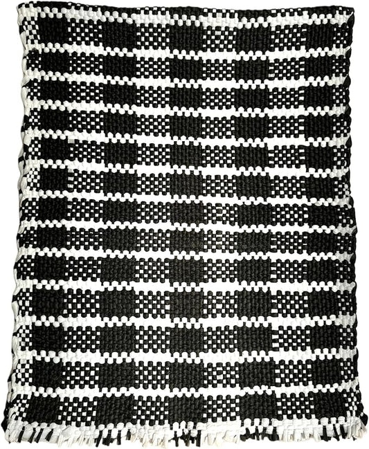 Handmade Mexican Chindi Rug-Colorful Washable Boho Rag Rug 5x2 ft Woven Runner for Kitchen, Bedroom, or Bath, Hippie Area Mat with Tassels, Mexican Style Floor Carpet-Rustic (Chekered Dark)