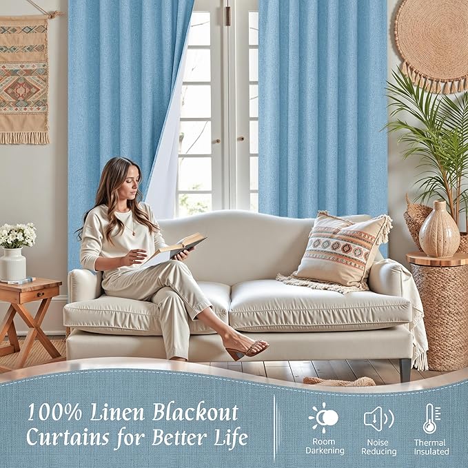 LAMIT 100% Blackout Linen Curtains 63 Inches Long, Linen Textured Living Room Farmhouse Curtains Full Room Darkening Back Tab and Rod Pocket Panels with White Liner, 2 Panels, Blue, 60 x 63 Inch