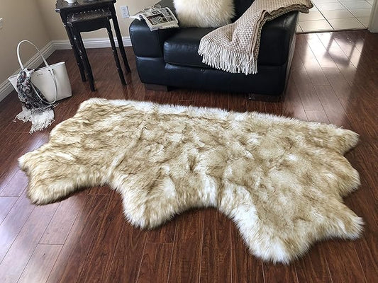 Free Shape Luxury Soft Fluffy Shag Area Rug Triple Side by Side 3'x6', 90x180cm - Vegan Fur Ultra Soft Indoor Carpet Nursery Rugs for Bedroom Home Decor, White with Brown Tips