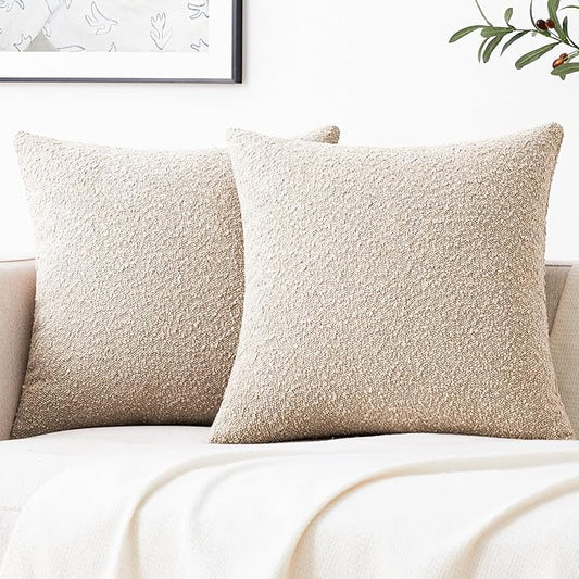Mixhug Decorative Boucle Throw Pillow Covers, Dark Flax, 18 x 18 Inches, Pack of 2 - Neutral Textured Boho Pillow Covers for Couch and Bed