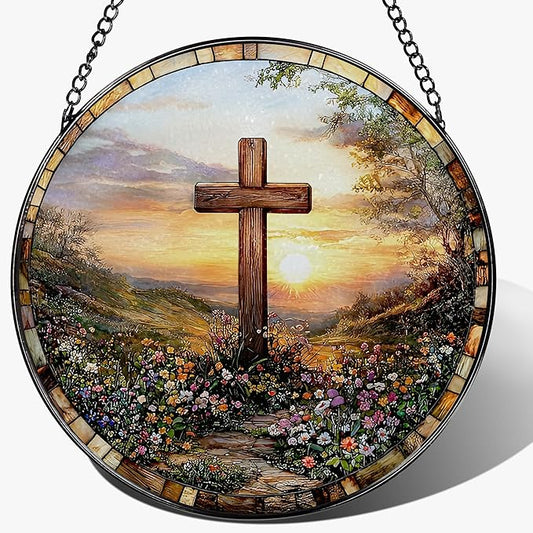 8 Inches Cross Sunset Stained Glass Suncatcher, Christmas Ornament, Window Hanging Decor, Christian Home Decor, Christian Gift, Religious Gift, Gifts for Christmas