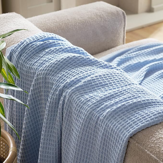 Bedsure Gentlesoft 100% Cotton Blanket Queen Size for Bed - Breathable and Soft, Thick Cozy Waffle Weave Christmas Blanket Gift for Women, Sky Blue, 90x90 Inches