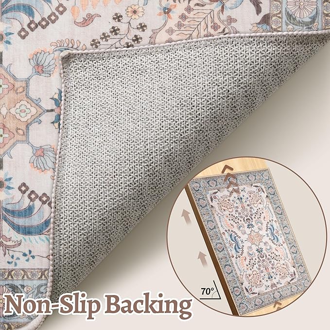 Tangsoo 2x3 Small Rug for Entryway, Washable Area Entry Rug Non Slip, Neutral Low Pile Soft Area Rugs, Indoor Front Door Boho Floral Throw Rugs for Entrance Kitchen Bedroom Bathroom Home Decor