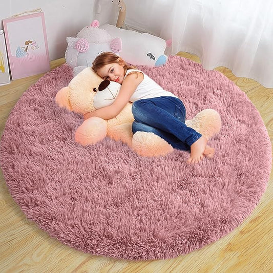 Round Fluffy Rugs 4Ft for Girls Bedroom, Blush Pink Shag Circle Kids Rug Non-Slip for Bedside Dorm Nursery Playroom, Soft Cute Area Rugs for Living Room Decor