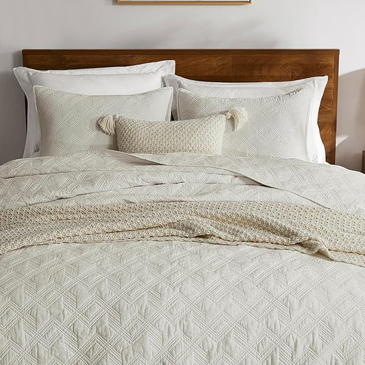 WDCOZY 100% Cotton King Size Quilt Set - Beige Pre-Washed Soft Lightweight Modern Bedspread, Farmhouse Country Rustic Coverlet, Textured Like Linen, Shabby Chic Gauze Bedding, 3 Pieces