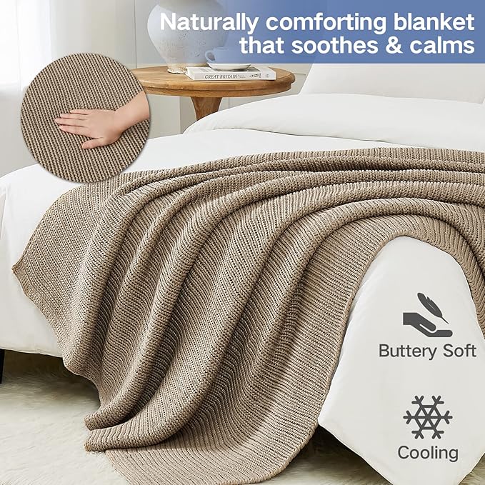 Guohaoi Knitted Weighted Blanket for Adults (Beige 60"x80" 12lbs) No Beads Cooling Throw Blanket for Hot Sleepers, Home Decor Breathable Chunky Knit Heavy Blanket Use on Queen/King Size Bed