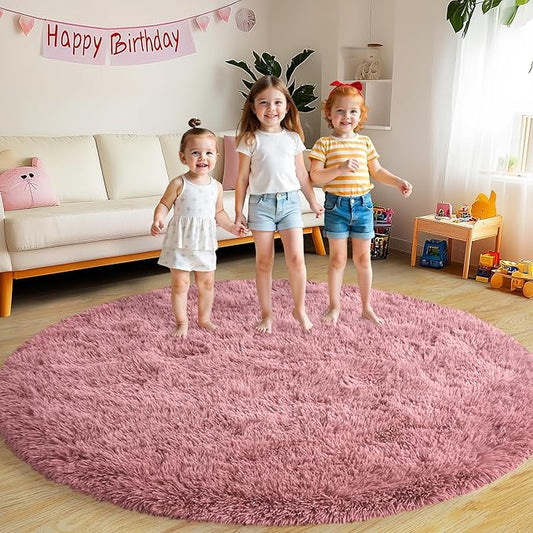 Round Fluffy Rugs 6Ft for Girls Bedroom, Blush Pink Shag Circle Kids Rug Non-Slip for Bedside Dorm Nursery Playroom, Soft Cute Area Rugs for Living Room Decor