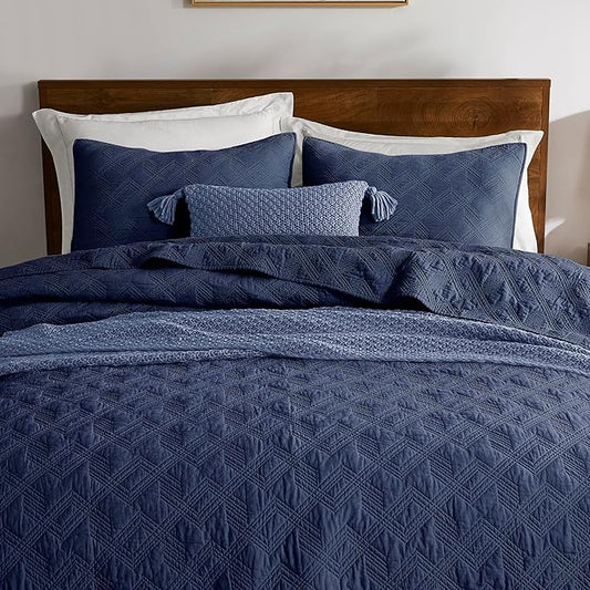 WDCOZY 100% Cotton Twin Size Quilt Set - Navy Blue Pre-Washed Soft Lightweight Modern Bedspread, Farmhouse Country Rustic Coverlet, Textured Like Linen, Shabby Chic Gauze Bedding, 2 Pieces
