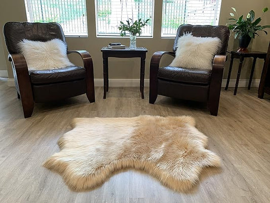 LAMBZY Faux Sheepskin Super Soft Hypoallergenic Silky Shag Rug for Living Room, Kids Room, Sofa (Double Side by Side 3'x4, Beige)