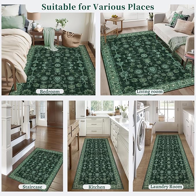 Tangsoo 6x9 Green Large Area Rug for Living Room, Non Slip Machine Washable Rug for Bedroom, Boho Distressed Vintage Floral Rugs, Soft Low Pile Floor Carpet for Dining Room Office Kitchen Farmhouse