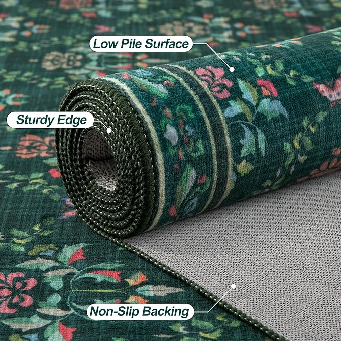 Tangsoo 5x7 Washable Area Rug, Non Slip Green Floral Indoor Rug, Soft Low Pile Floor Carpet for Living Room, Bedroom, Dining Room, Pet & Child Friendly Room Decor, Easy to Clean