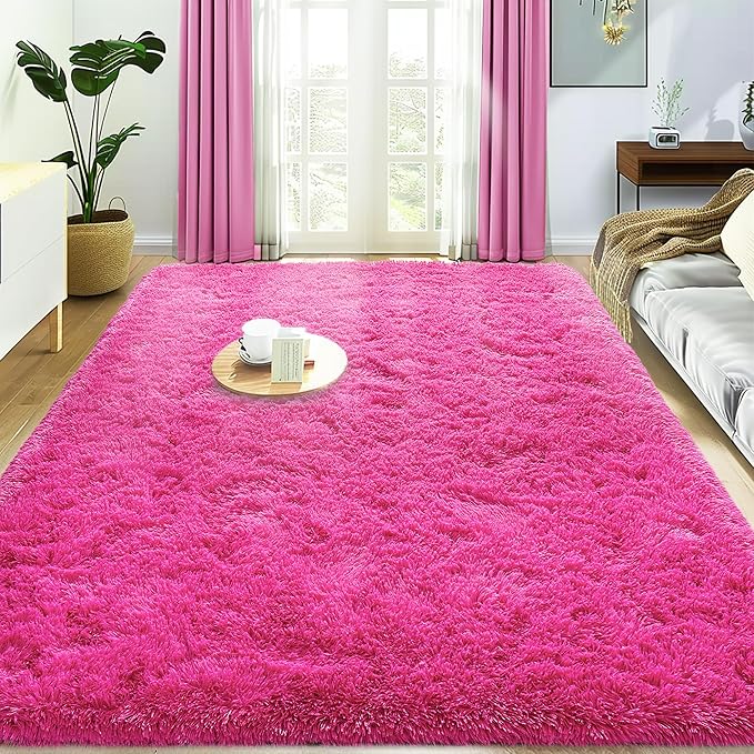 Small Rugs for Bedroom, Fuzzy Throw Rug for Living Room Dorm, Soft Fluffy Bedroom Rug, Non Slip Shag Rugs, Modern Indoor Home Decor Aesthetic, 2x3 Feet, Hot Pink