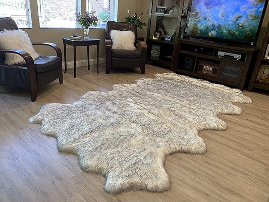 LAMBZY Faux Sheepskin Super Soft Hypoallergenic Silky Shag Rug for Living Room, Kids Room, Sofa (Decto 10 Pelts 6'x10', White/Black Tips)