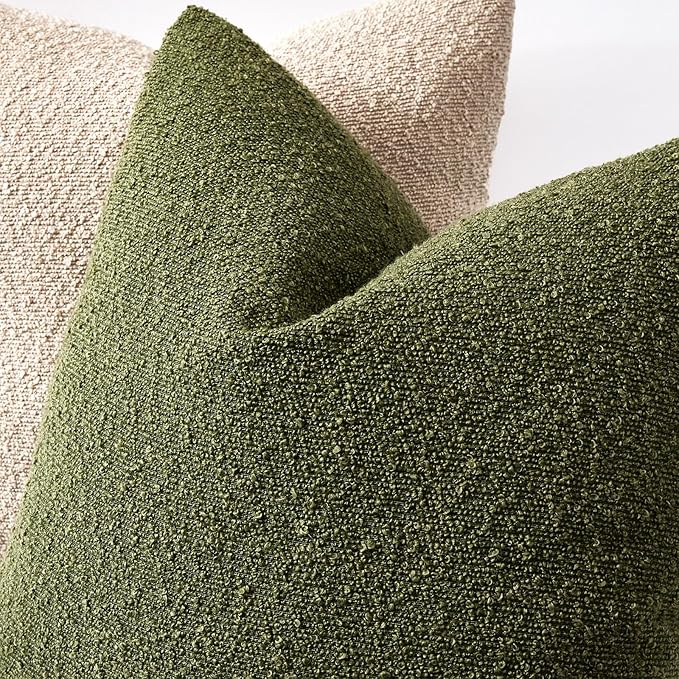 Boucle Decorative Throw Pillow Covers for Couch Set of 2, 18x18 inches, Olive