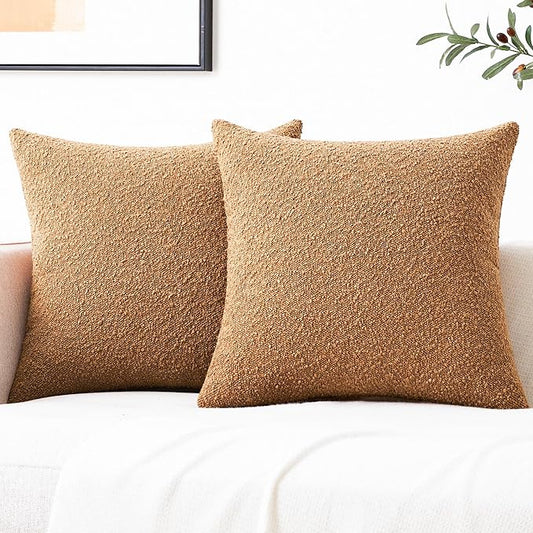 Mixhug Decorative Boucle Throw Pillow Covers, Tobacco Brown, 18 x 18 Inches, Pack of 2 - Textured Boho Pillow Covers for Couch and Bed