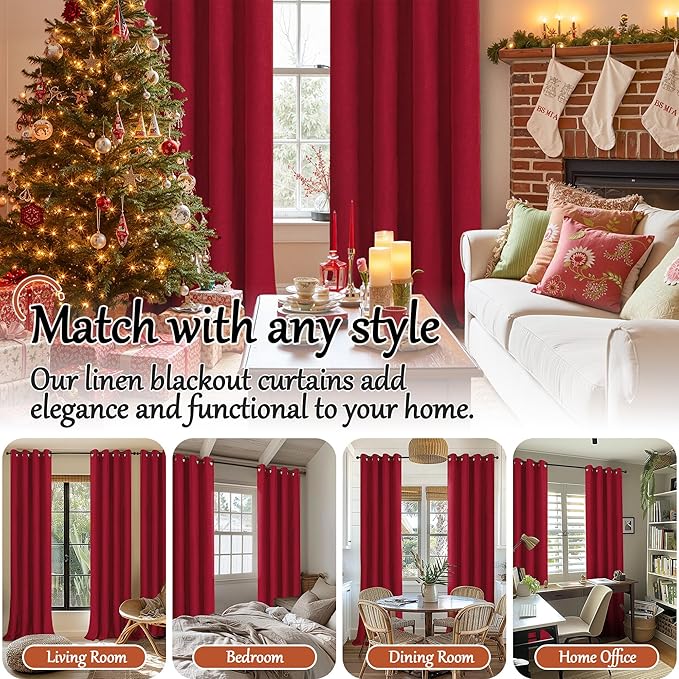 Lajode Red Christmas 100% Linen Blackout Curtains 63 Inch Long 2 Panels, Thick Heavy Thermal Insulated Cold Blocking Noise Reducing Window Curtains for Winter Decoration, Each 52x63 Inch 2 Panels